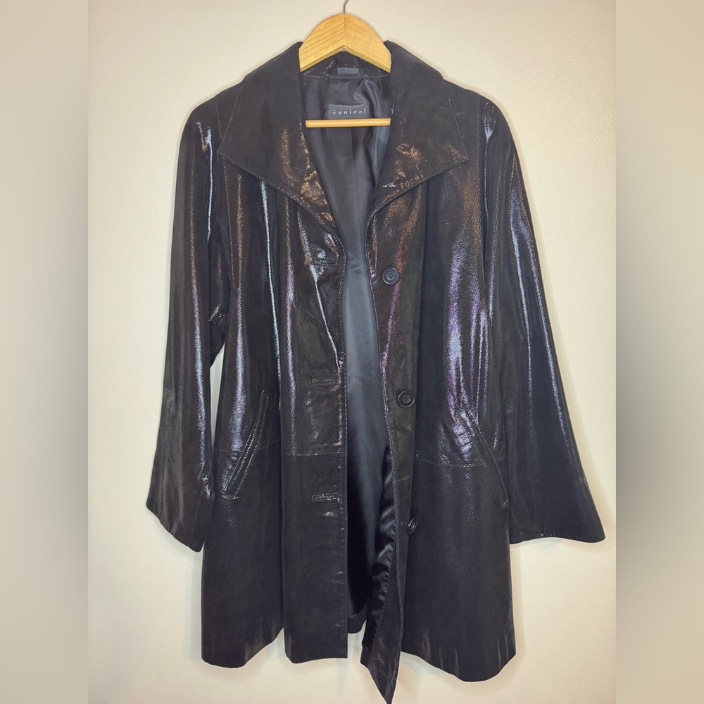 Vericci Leather Jacket Womens Large Black Shimmer Metallic Genuine Leather‎ Coat